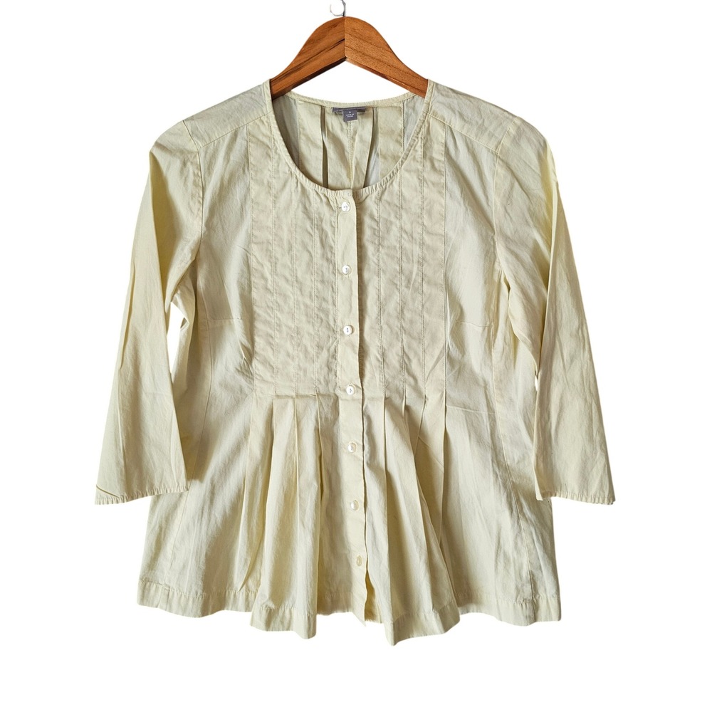 J. Jill Womens Pale Yellow‎ Pintuck Button Down 3/4 Sleeve Blouse Small
